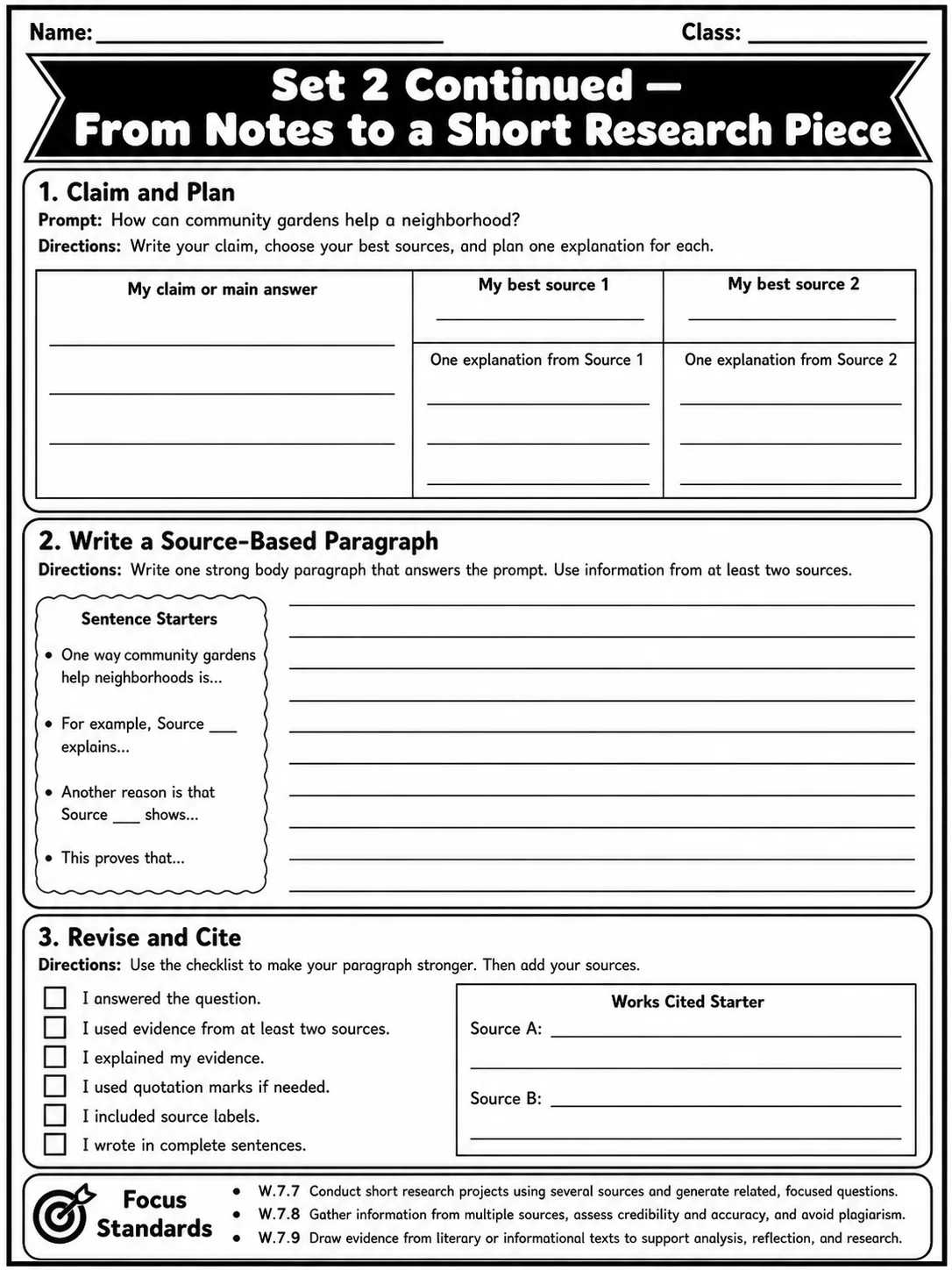Research to Build and Present Knowledge Common Core Grade 7 page 6 printable Common Core ELA worksheet preview