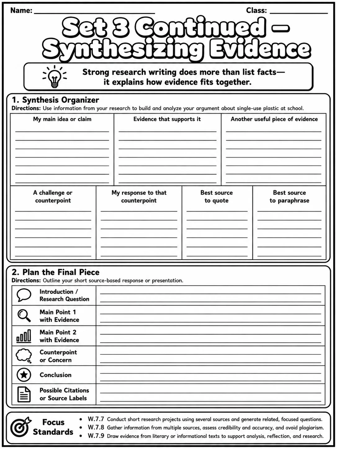 Research to Build and Present Knowledge Common Core Grade 7 page 9 printable Common Core ELA worksheet preview
