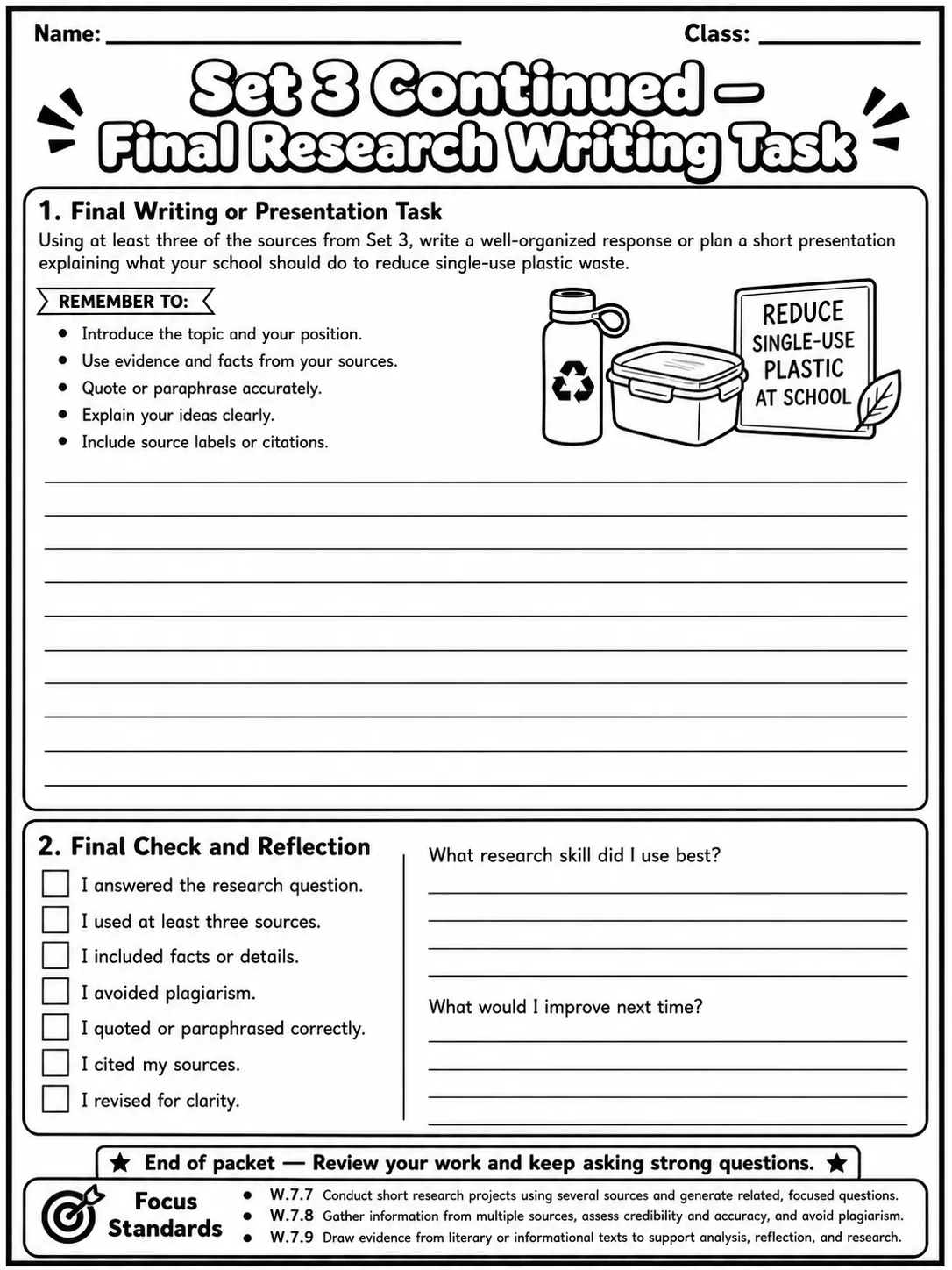 Research to Build and Present Knowledge Common Core Grade 7 page 10 printable Common Core ELA worksheet preview