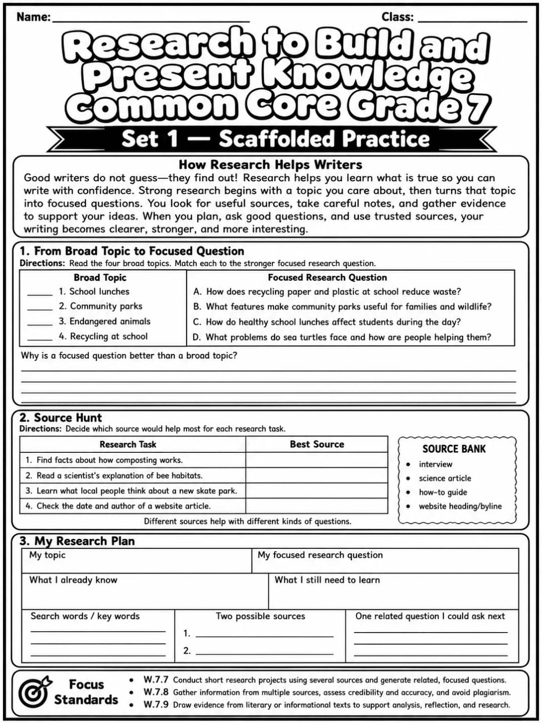 Research to Build and Present Knowledge Common Core Grade 7 printable Common Core ELA Grade 7 worksheet preview from KiwiBee