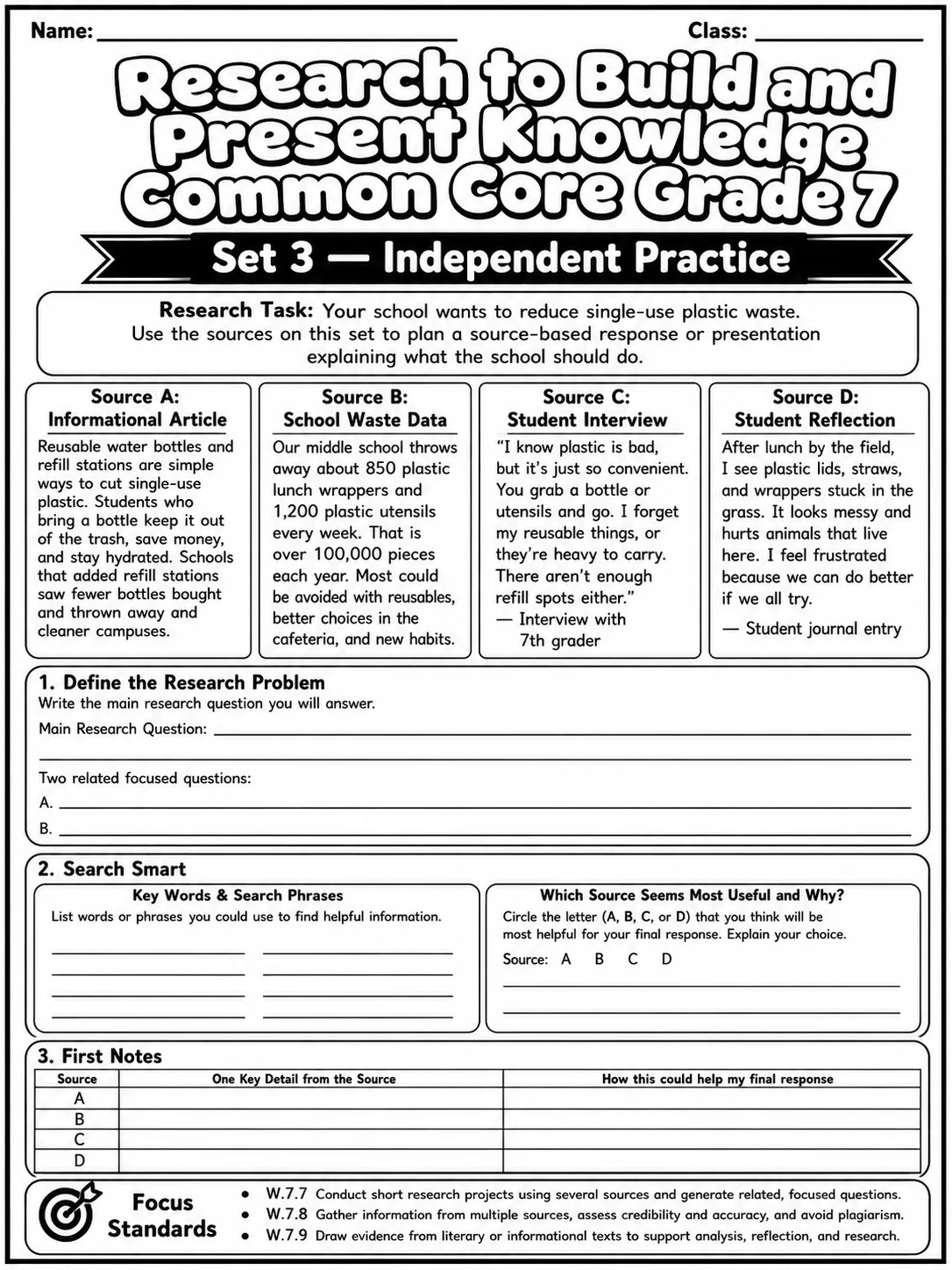 Research to Build and Present Knowledge Common Core Grade 7 page 7 printable Common Core ELA worksheet preview