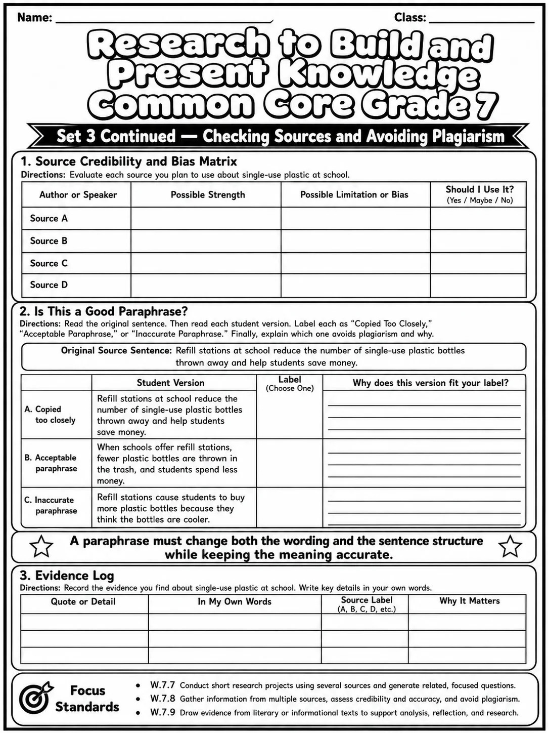 Research to Build and Present Knowledge Common Core Grade 7 page 8 printable Common Core ELA worksheet preview