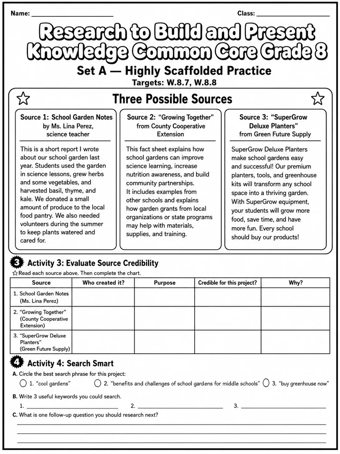 Research to Build and Present Knowledge Common Core Grade 8 page 2 printable Common Core ELA worksheet preview