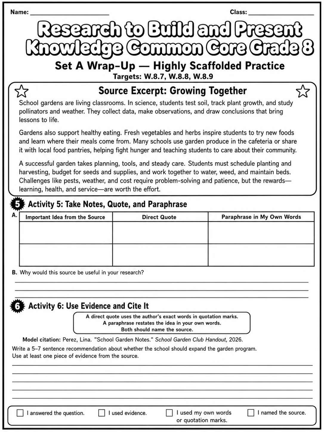 Research to Build and Present Knowledge Common Core Grade 8 page 3 printable Common Core ELA worksheet preview