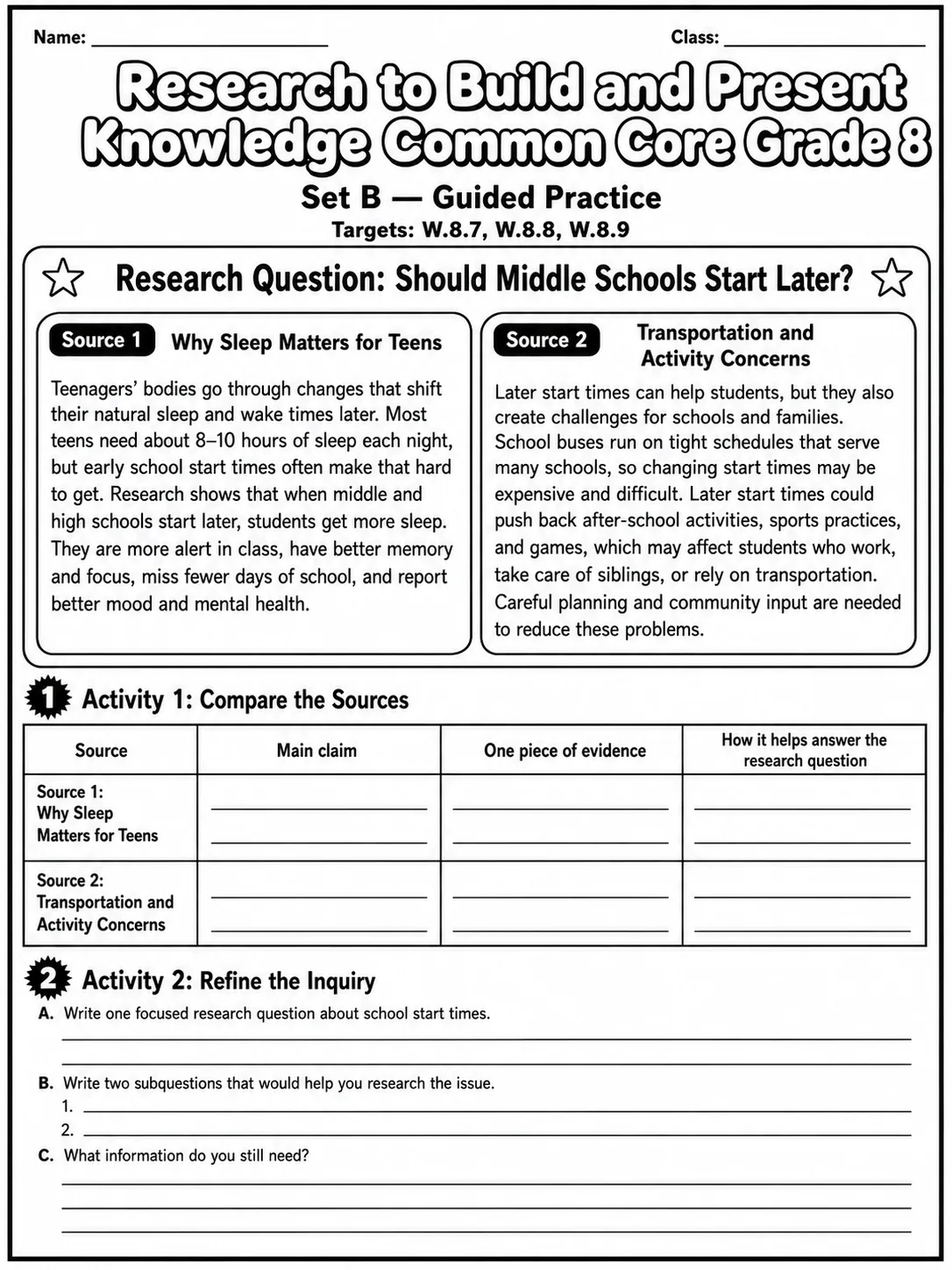 Research to Build and Present Knowledge Common Core Grade 8 page 4 printable Common Core ELA worksheet preview