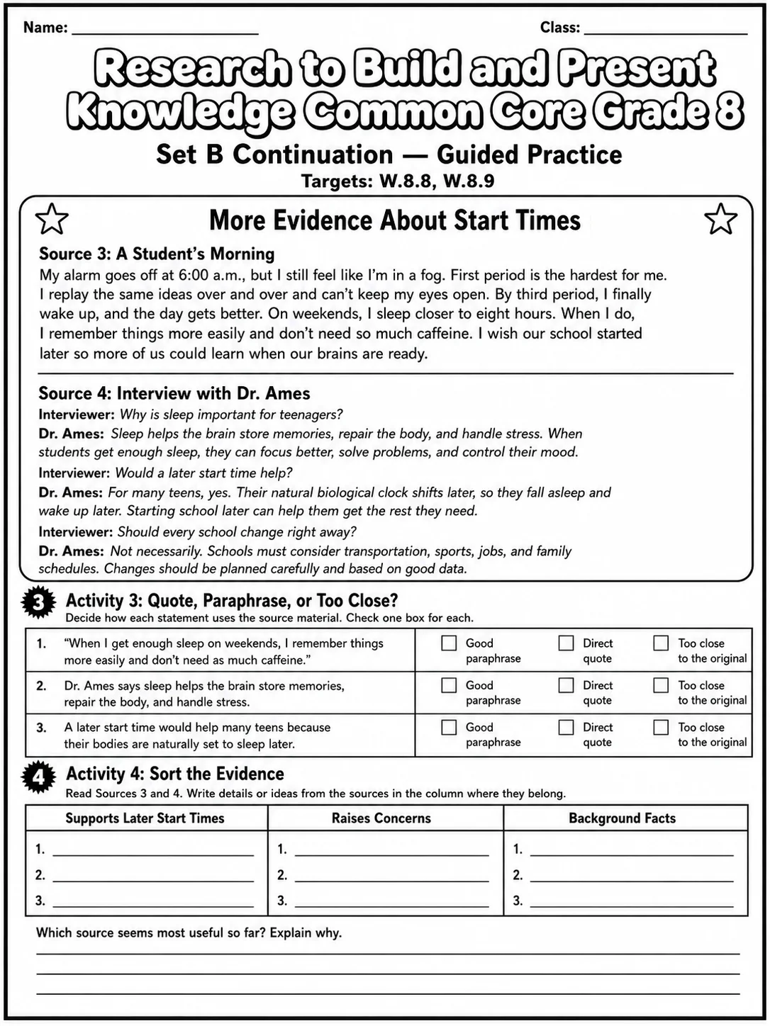 Research to Build and Present Knowledge Common Core Grade 8 page 5 printable Common Core ELA worksheet preview