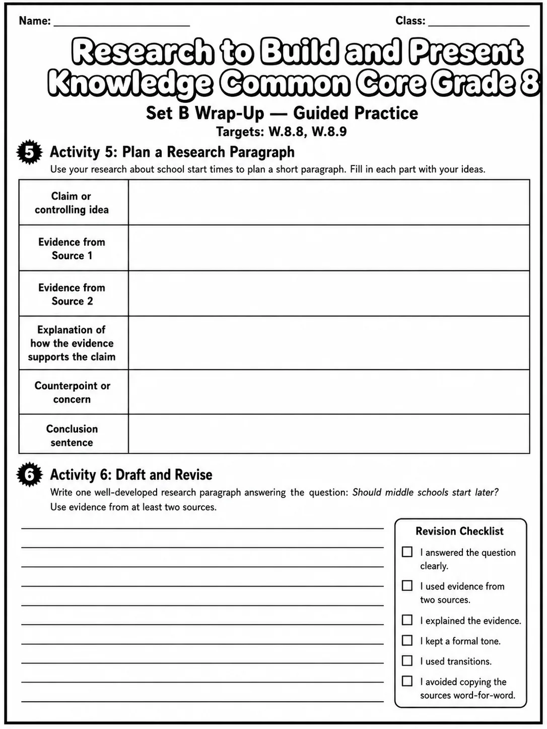Research to Build and Present Knowledge Common Core Grade 8 page 6 printable Common Core ELA worksheet preview