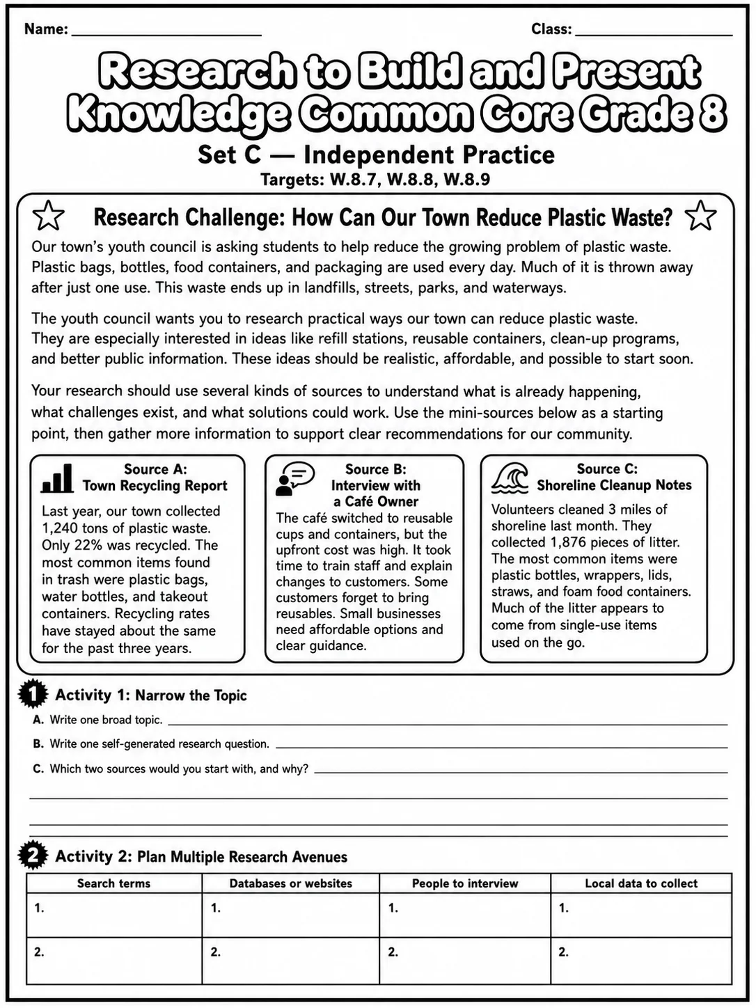 Research to Build and Present Knowledge Common Core Grade 8 page 7 printable Common Core ELA worksheet preview
