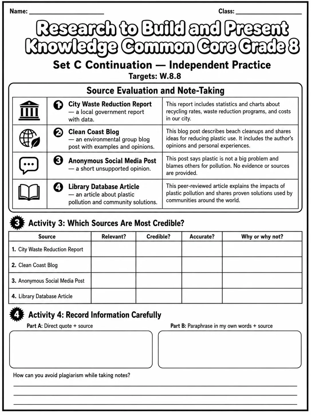 Research to Build and Present Knowledge Common Core Grade 8 page 8 printable Common Core ELA worksheet preview