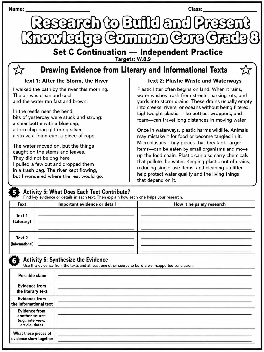 Research to Build and Present Knowledge Common Core Grade 8 page 9 printable Common Core ELA worksheet preview