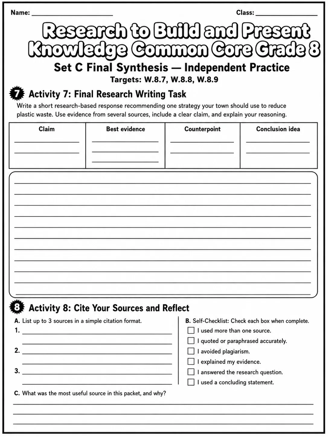 Research to Build and Present Knowledge Common Core Grade 8 page 10 printable Common Core ELA worksheet preview