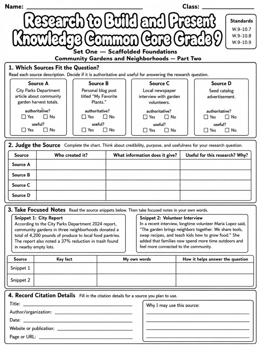 Research to Build and Present Knowledge Common Core Grade 9 page 2 printable Common Core ELA worksheet preview
