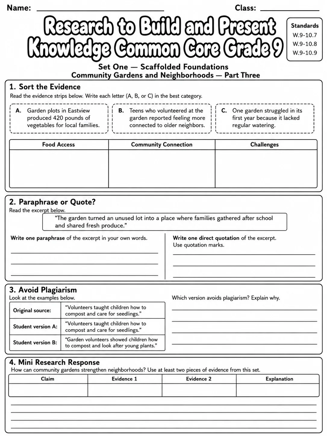 Research to Build and Present Knowledge Common Core Grade 9 page 3 printable Common Core ELA worksheet preview