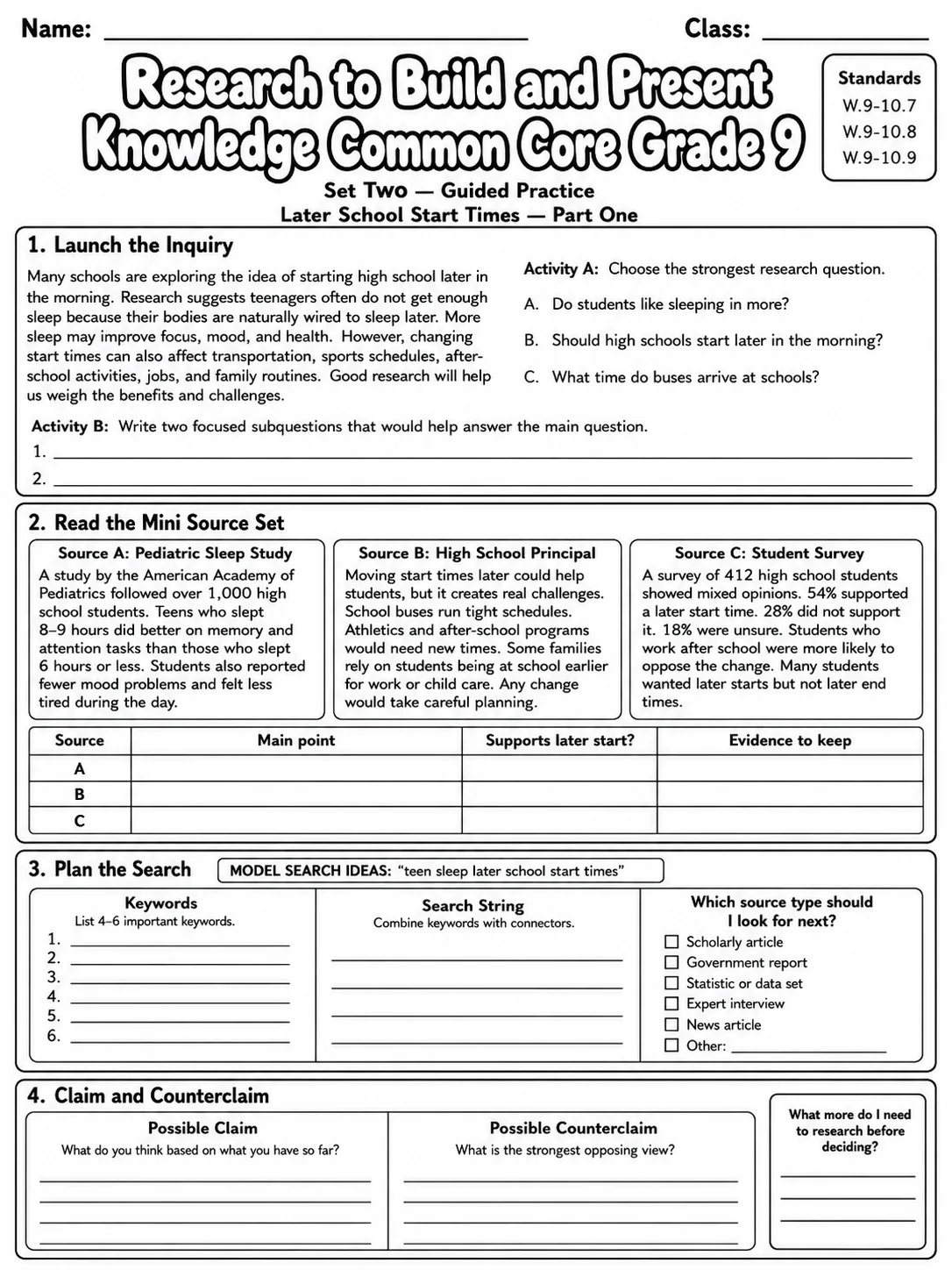 Research to Build and Present Knowledge Common Core Grade 9 page 4 printable Common Core ELA worksheet preview
