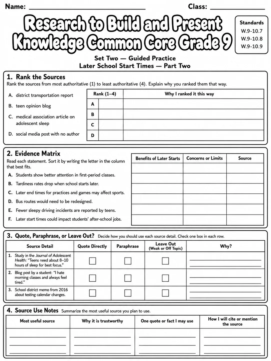 Research to Build and Present Knowledge Common Core Grade 9 page 5 printable Common Core ELA worksheet preview