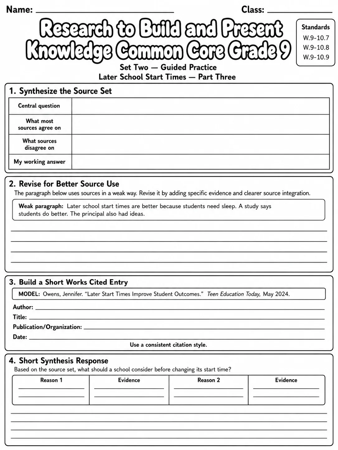 Research to Build and Present Knowledge Common Core Grade 9 page 6 printable Common Core ELA worksheet preview