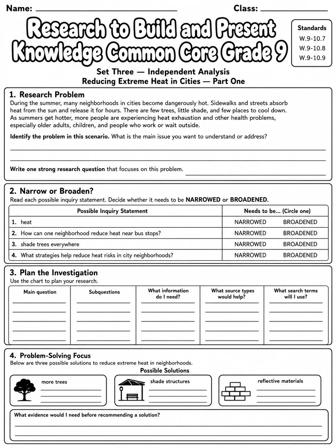 Research to Build and Present Knowledge Common Core Grade 9 page 7 printable Common Core ELA worksheet preview