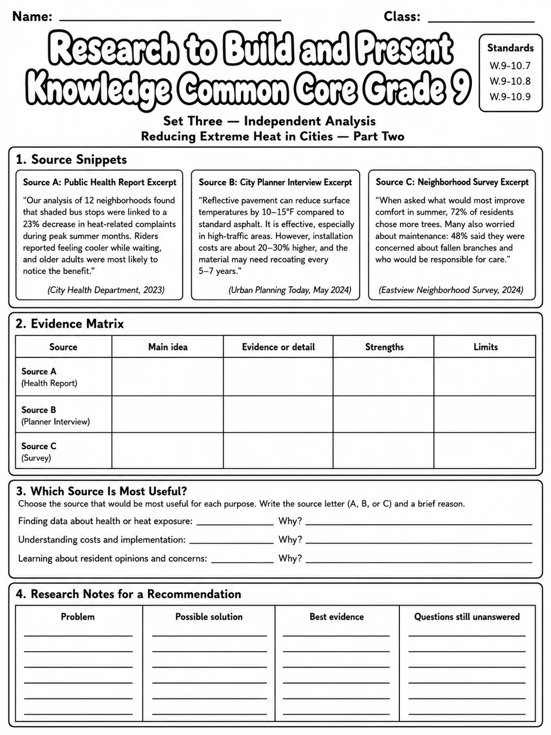 Research to Build and Present Knowledge Common Core Grade 9 page 8 printable Common Core ELA worksheet preview