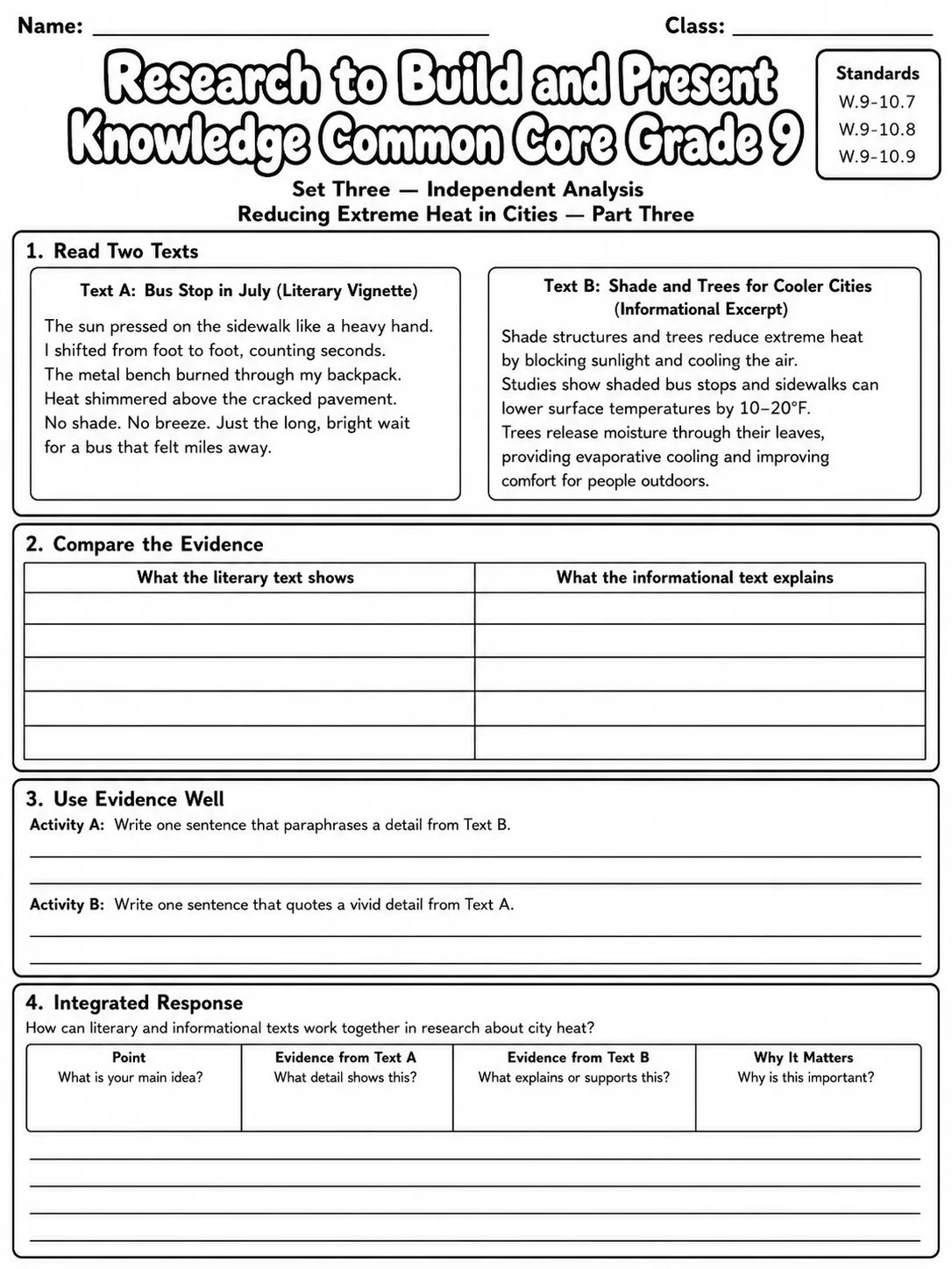 Research to Build and Present Knowledge Common Core Grade 9 page 9 printable Common Core ELA worksheet preview