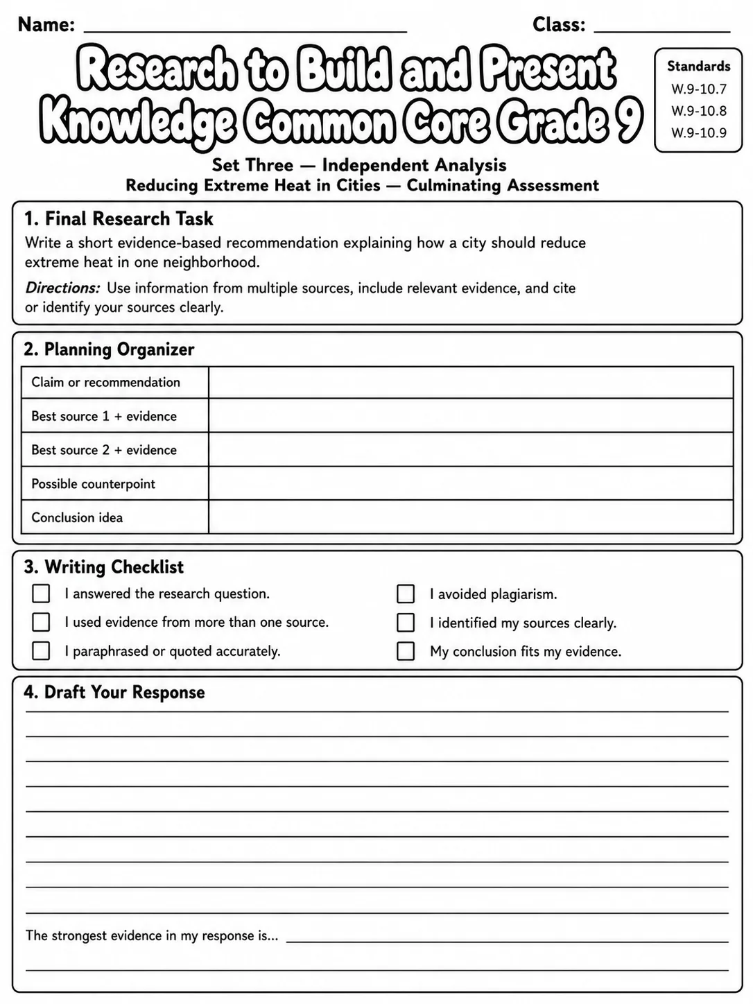 Research to Build and Present Knowledge Common Core Grade 9 page 10 printable Common Core ELA worksheet preview