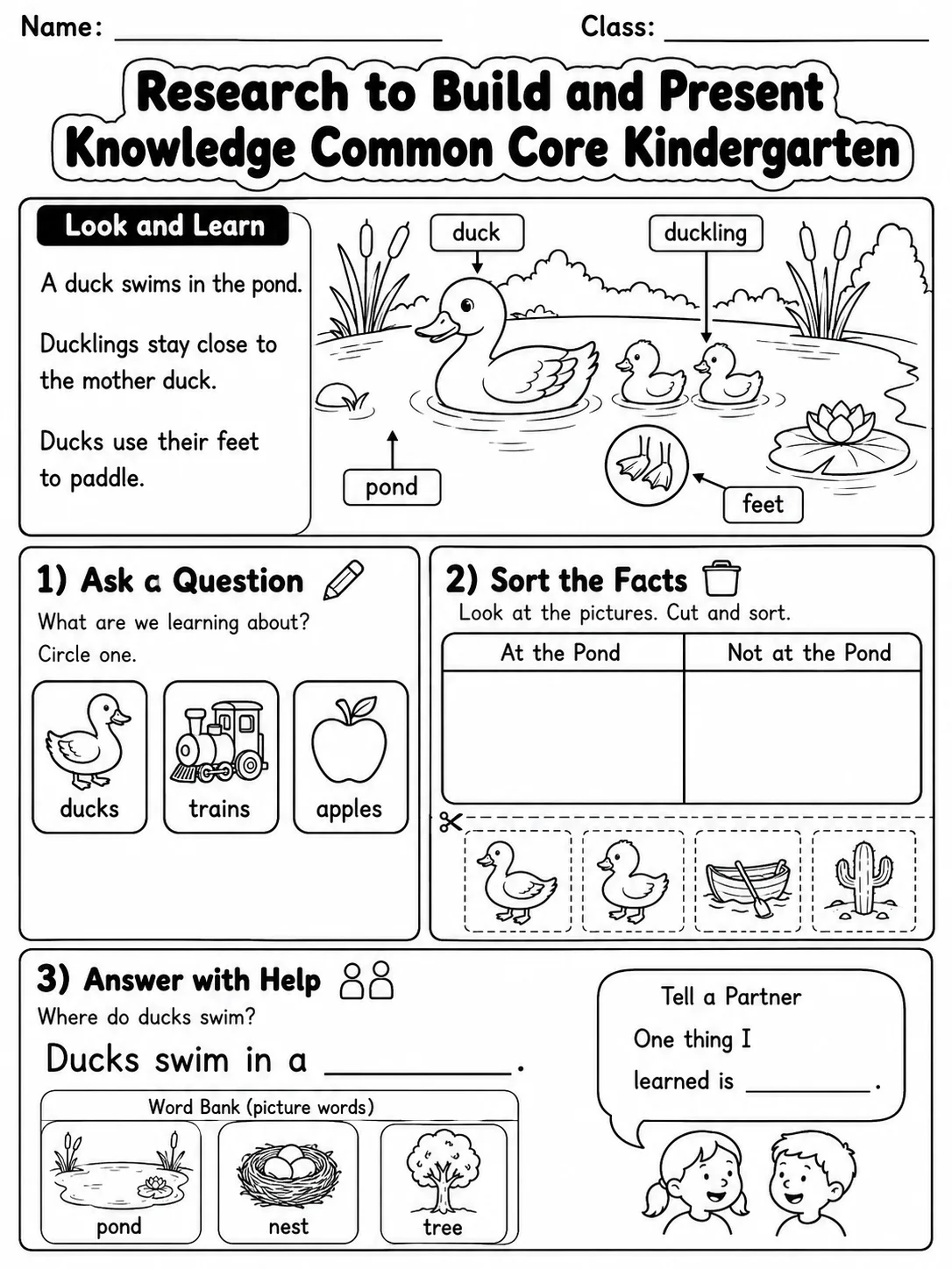 Research to Build and Present Knowledge Common Core Kindergarten page 2 printable Common Core ELA worksheet preview