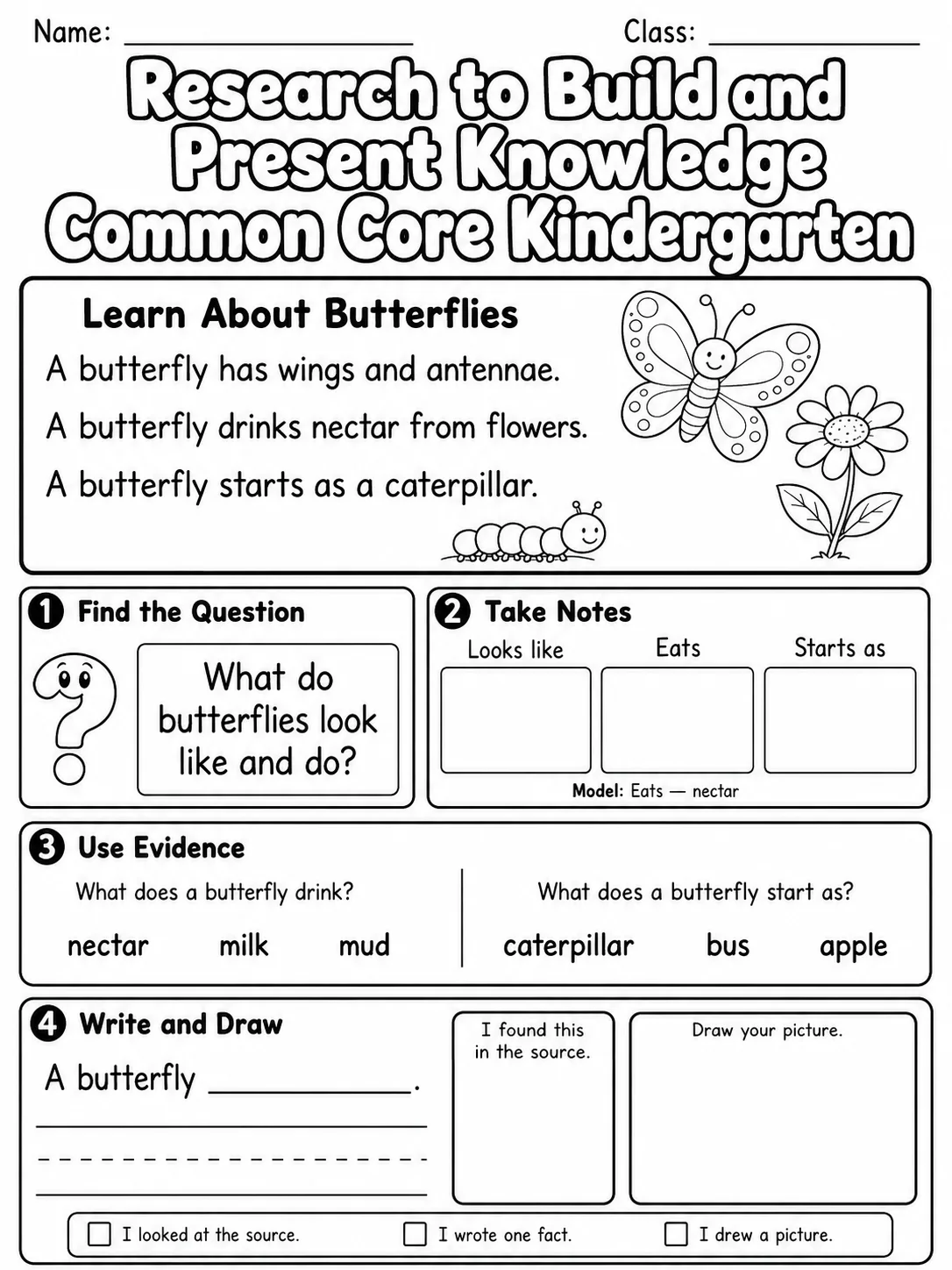 Research to Build and Present Knowledge Common Core Kindergarten page 5 printable Common Core ELA worksheet preview