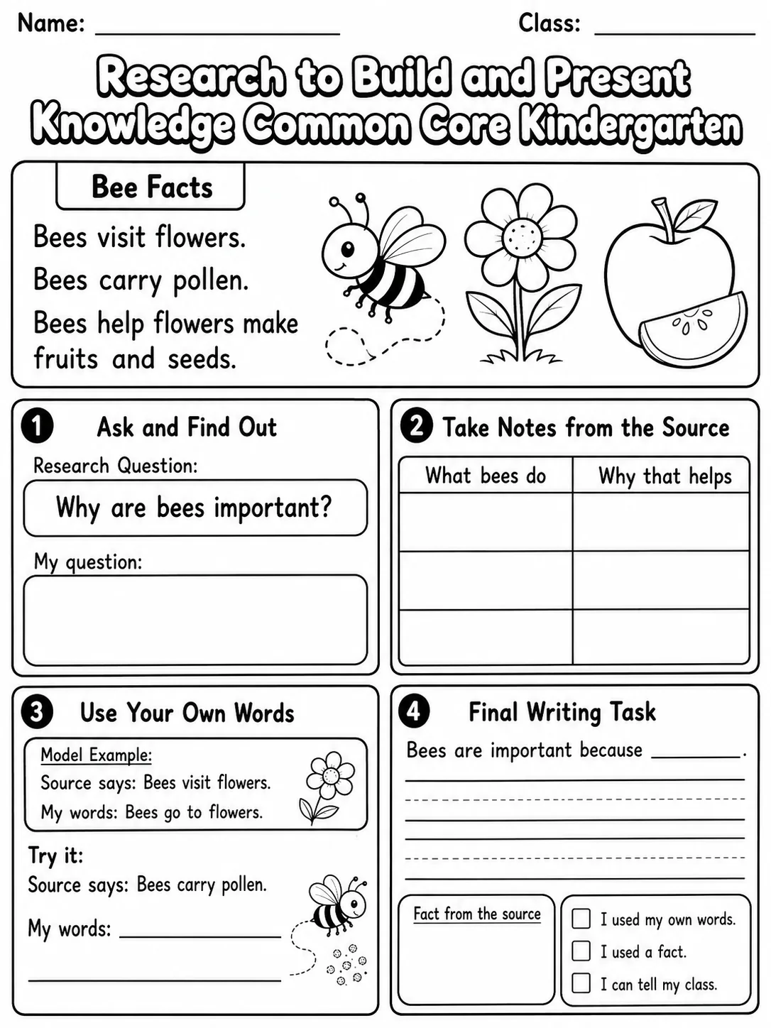 Research to Build and Present Knowledge Common Core Kindergarten page 8 printable Common Core ELA worksheet preview