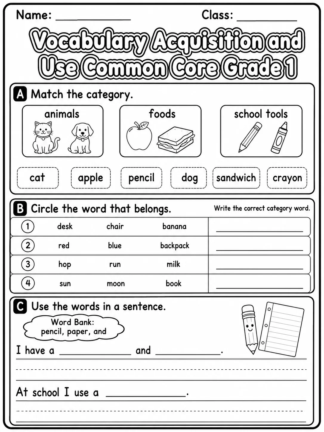 Vocabulary Acquisition and Use Common Core Grade 1