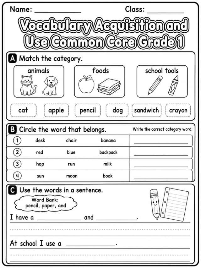Vocabulary Acquisition and Use Common Core Grade 1
