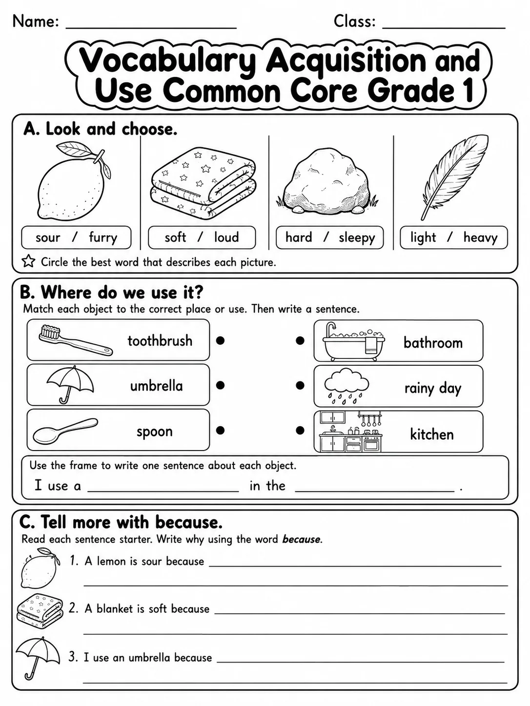 Vocabulary Acquisition and Use Common Core Grade 1 page 2 printable Common Core ELA worksheet preview