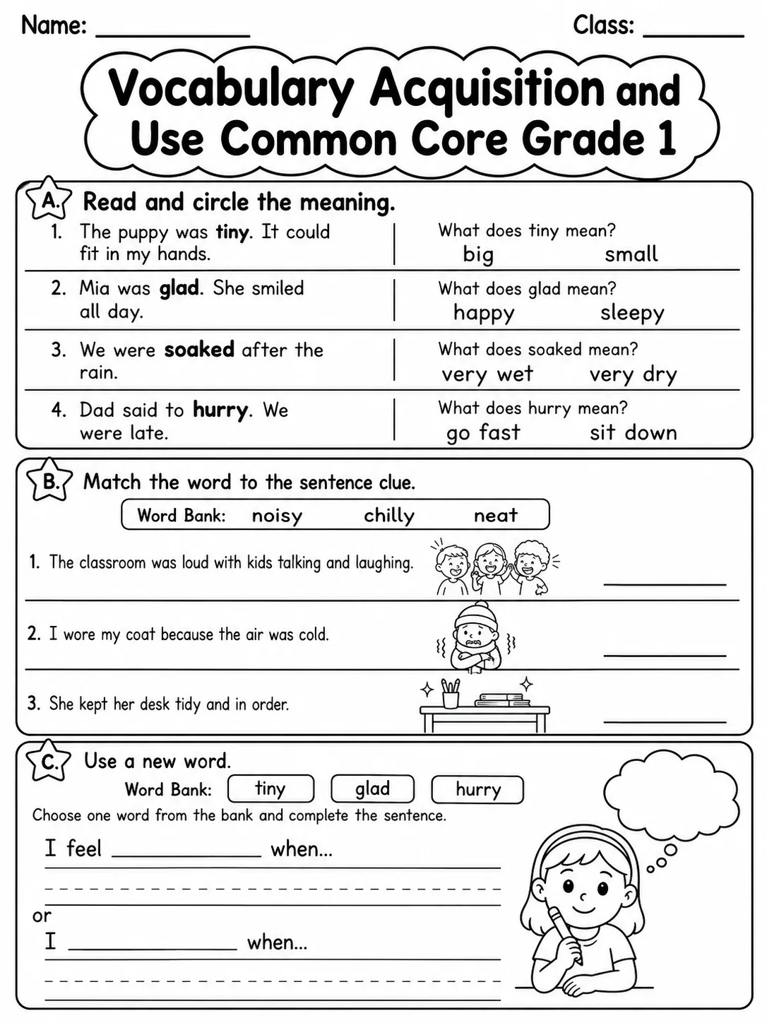 Vocabulary Acquisition and Use Common Core Grade 1 page 3 printable Common Core ELA worksheet preview