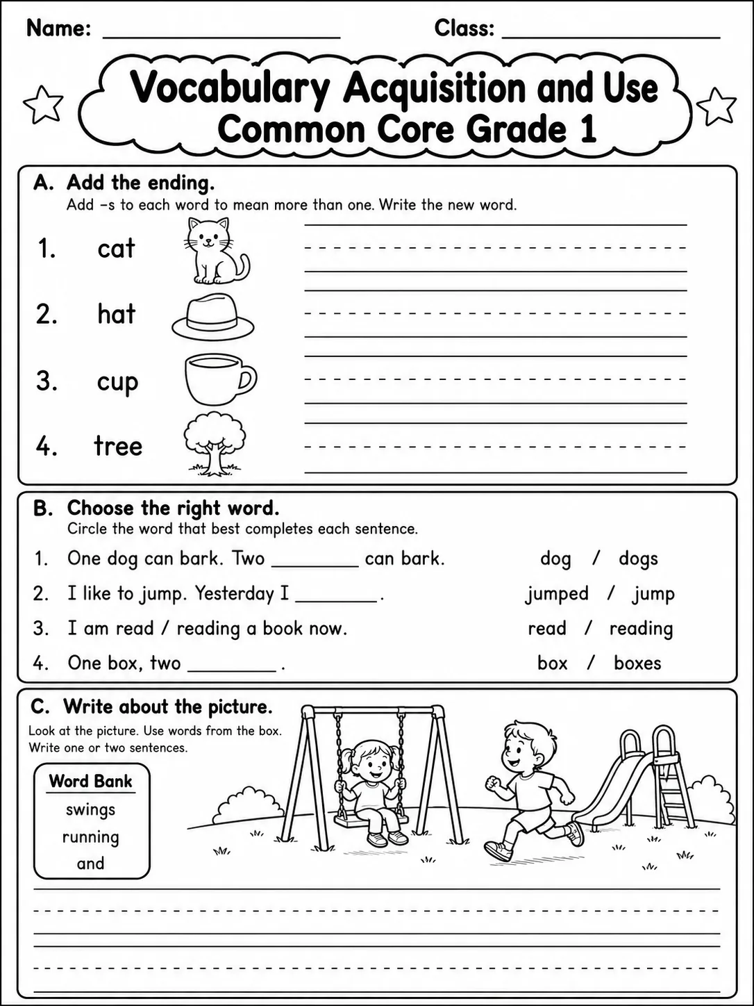 Vocabulary Acquisition and Use Common Core Grade 1 page 4 printable Common Core ELA worksheet preview