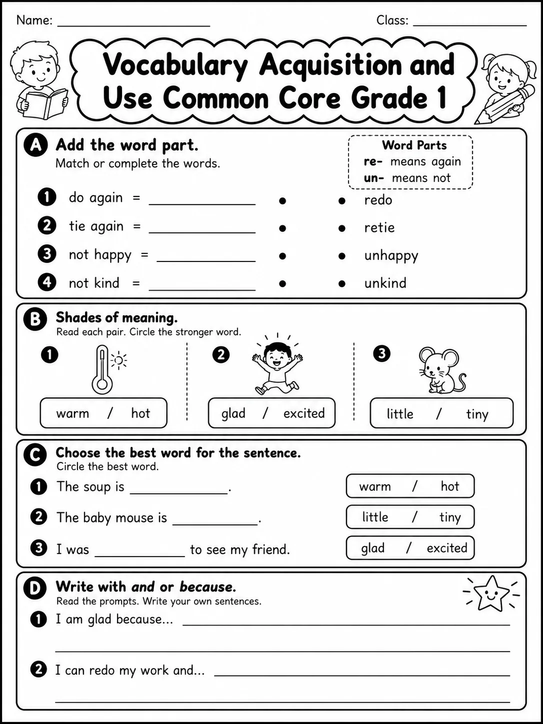 Vocabulary Acquisition and Use Common Core Grade 1 page 5 printable Common Core ELA worksheet preview