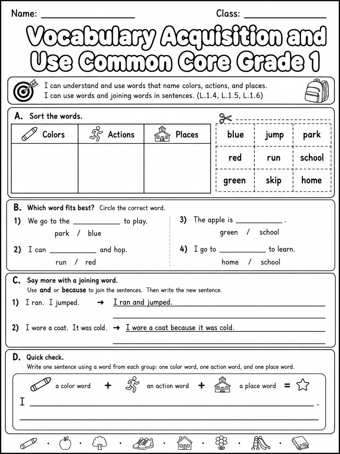 Vocabulary Acquisition and Use Common Core Grade 1 page 6 printable Common Core ELA worksheet preview