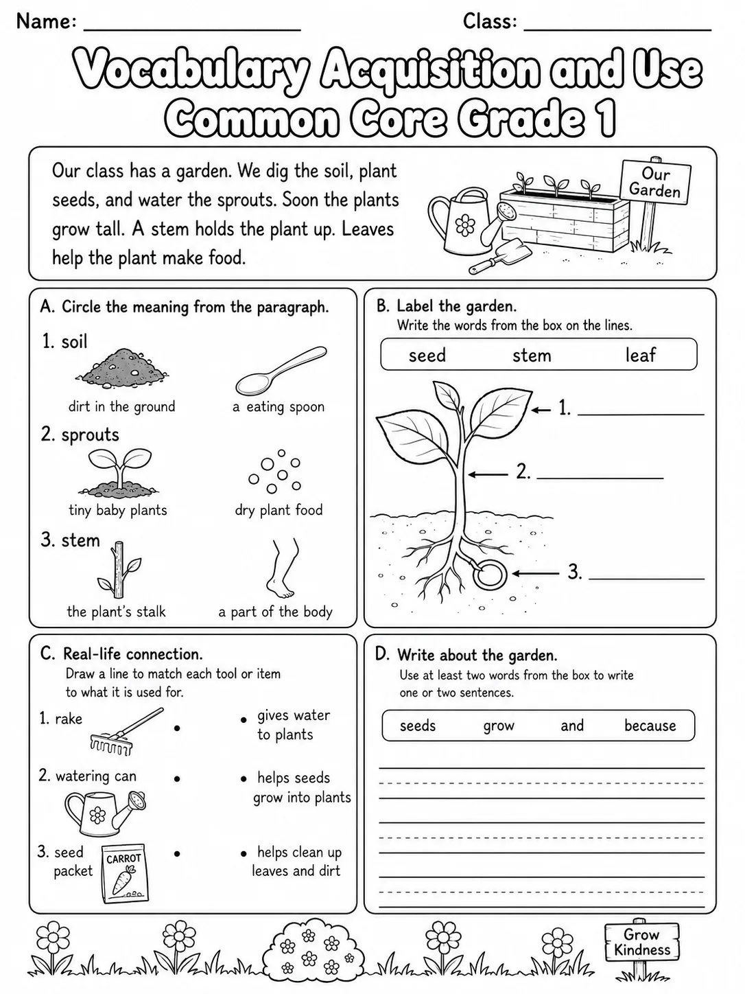 Vocabulary Acquisition and Use Common Core Grade 1 page 7 printable Common Core ELA worksheet preview