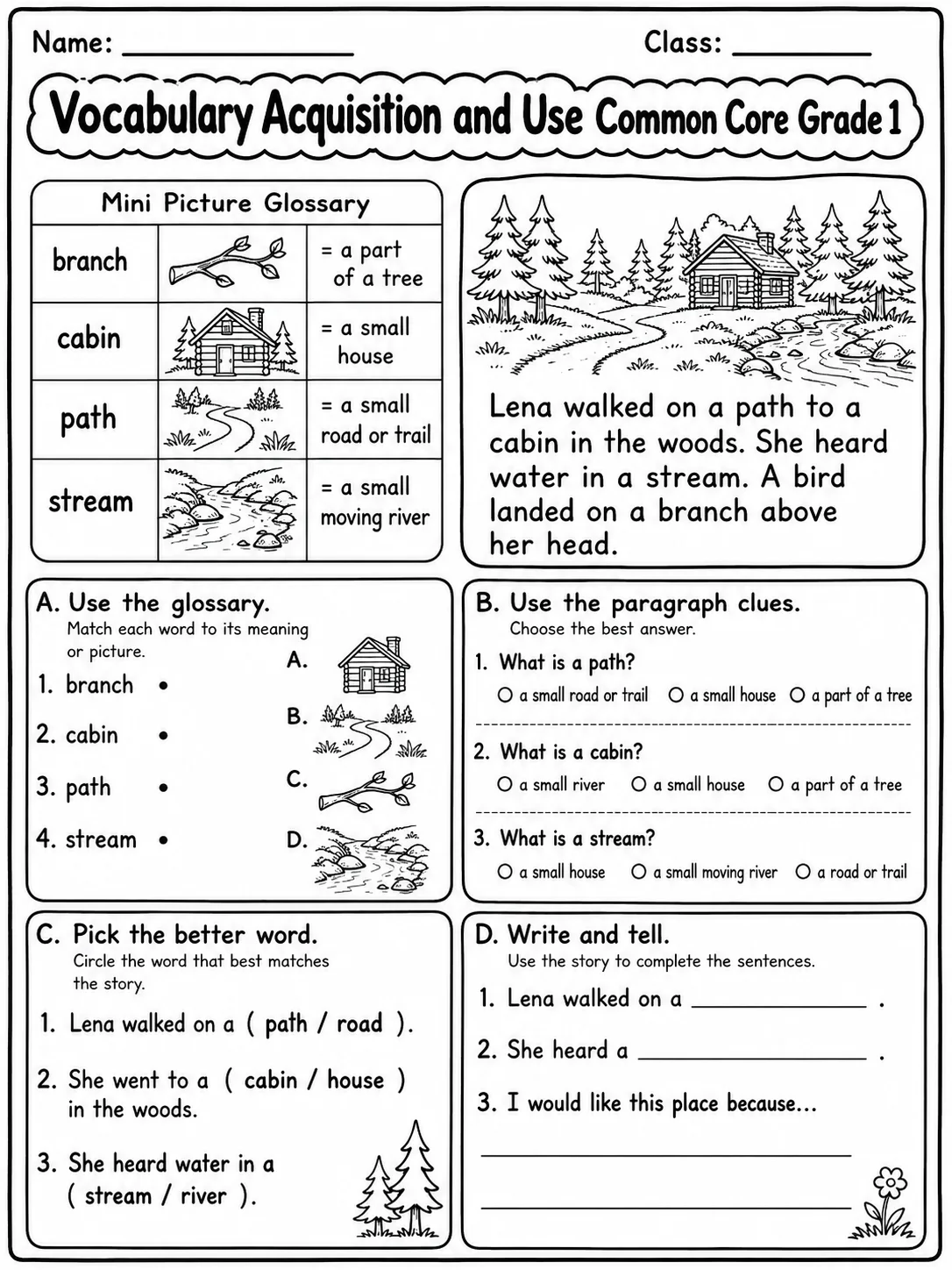 Vocabulary Acquisition and Use Common Core Grade 1 page 8 printable Common Core ELA worksheet preview