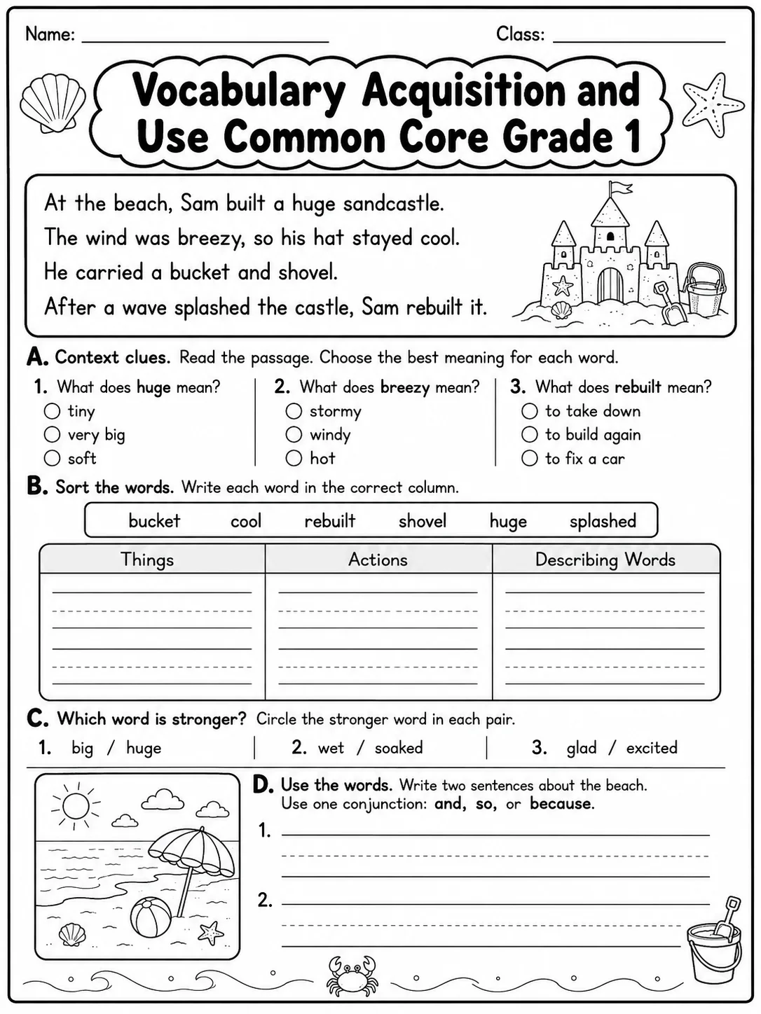 Vocabulary Acquisition and Use Common Core Grade 1 page 9 printable Common Core ELA worksheet preview