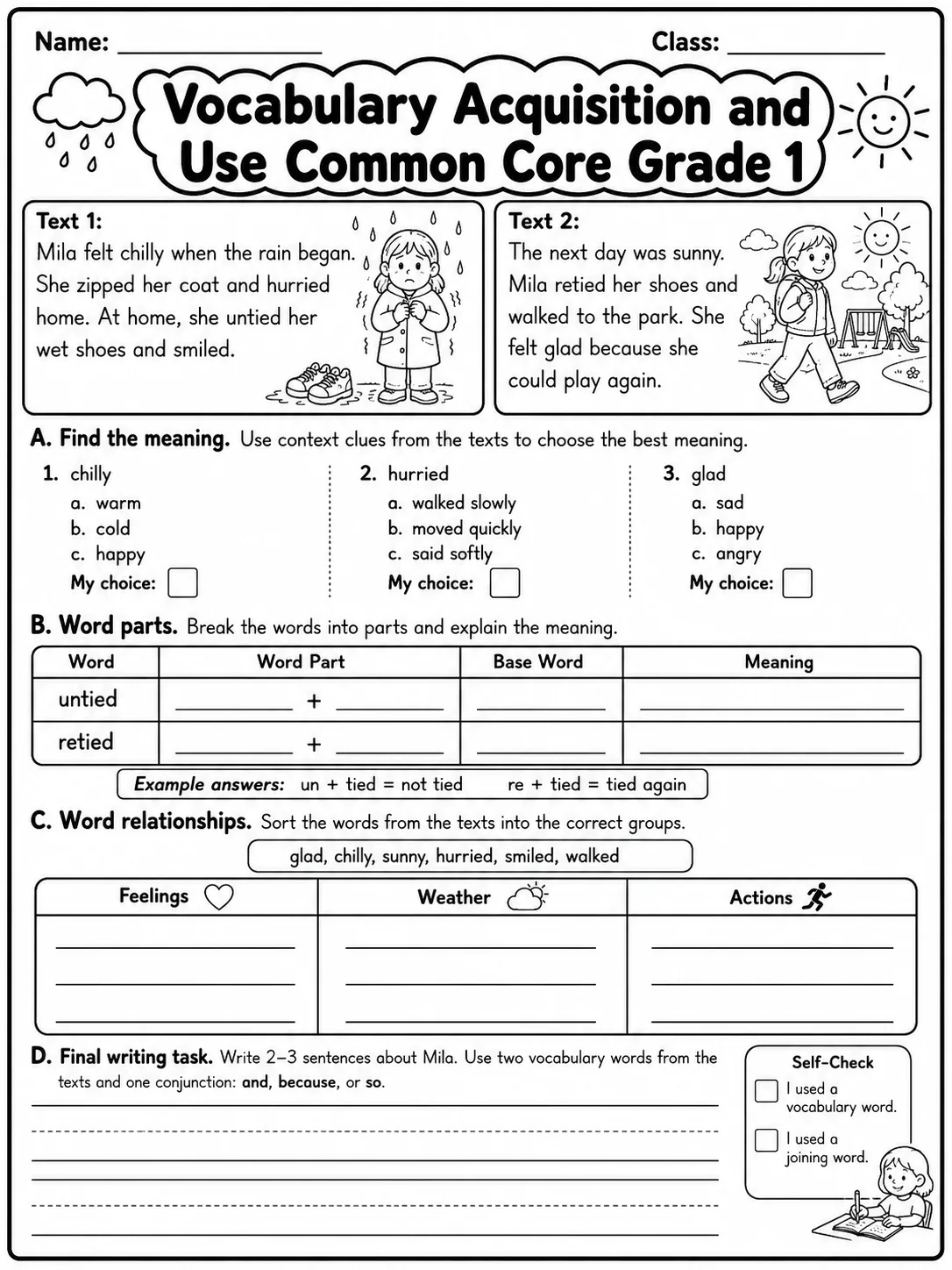 Vocabulary Acquisition and Use Common Core Grade 1 page 10 printable Common Core ELA worksheet preview