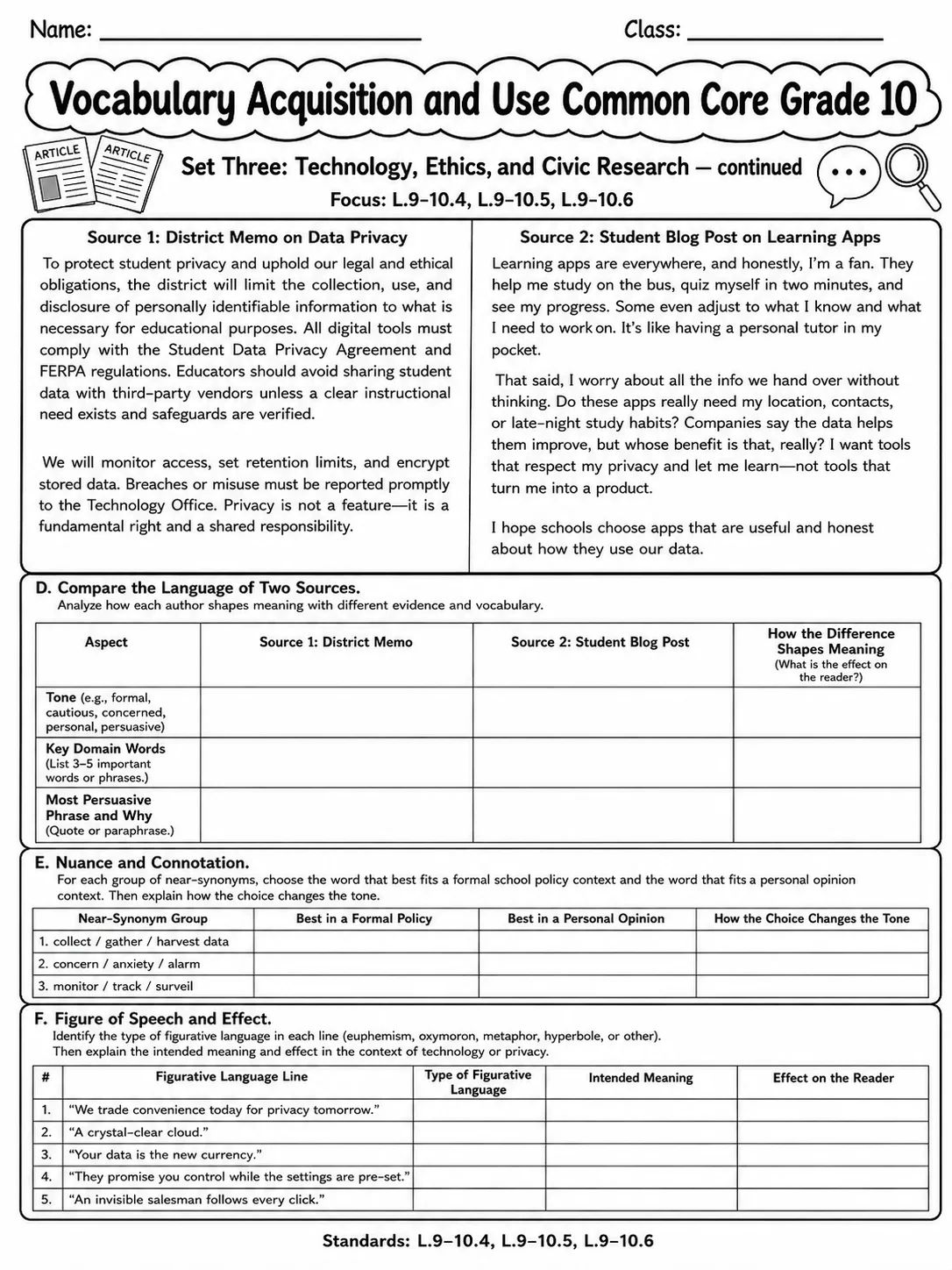 Vocabulary Acquisition and Use Common Core Grade 10 page 3 printable Common Core ELA worksheet preview
