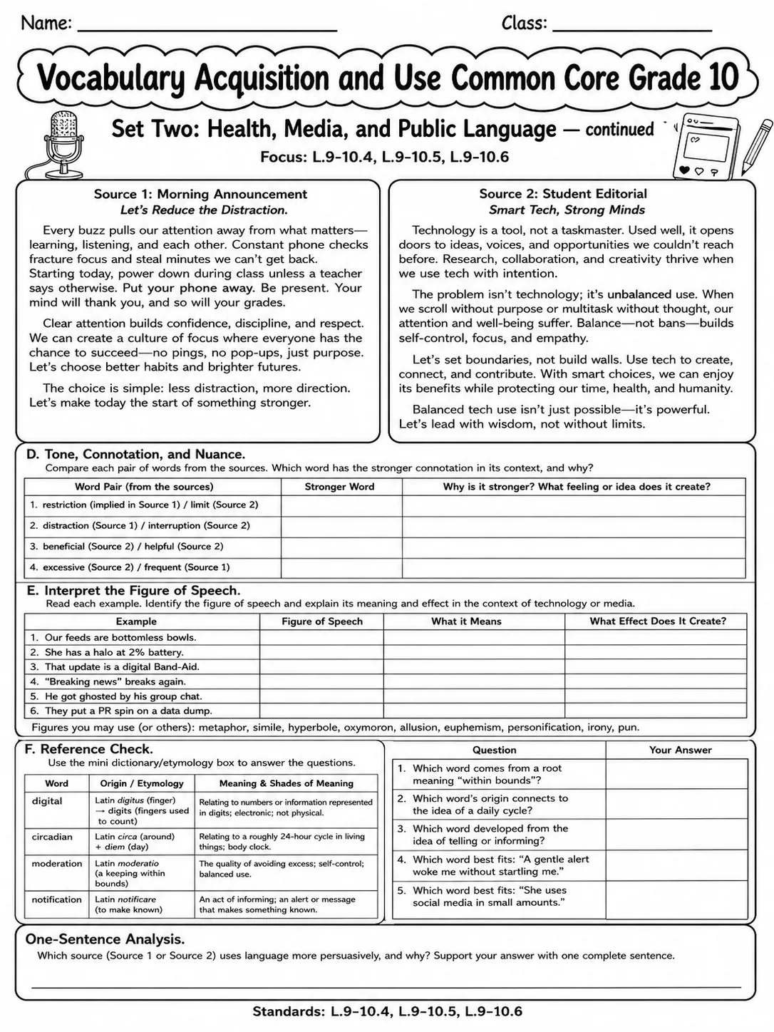 Vocabulary Acquisition and Use Common Core Grade 10 page 4 printable Common Core ELA worksheet preview
