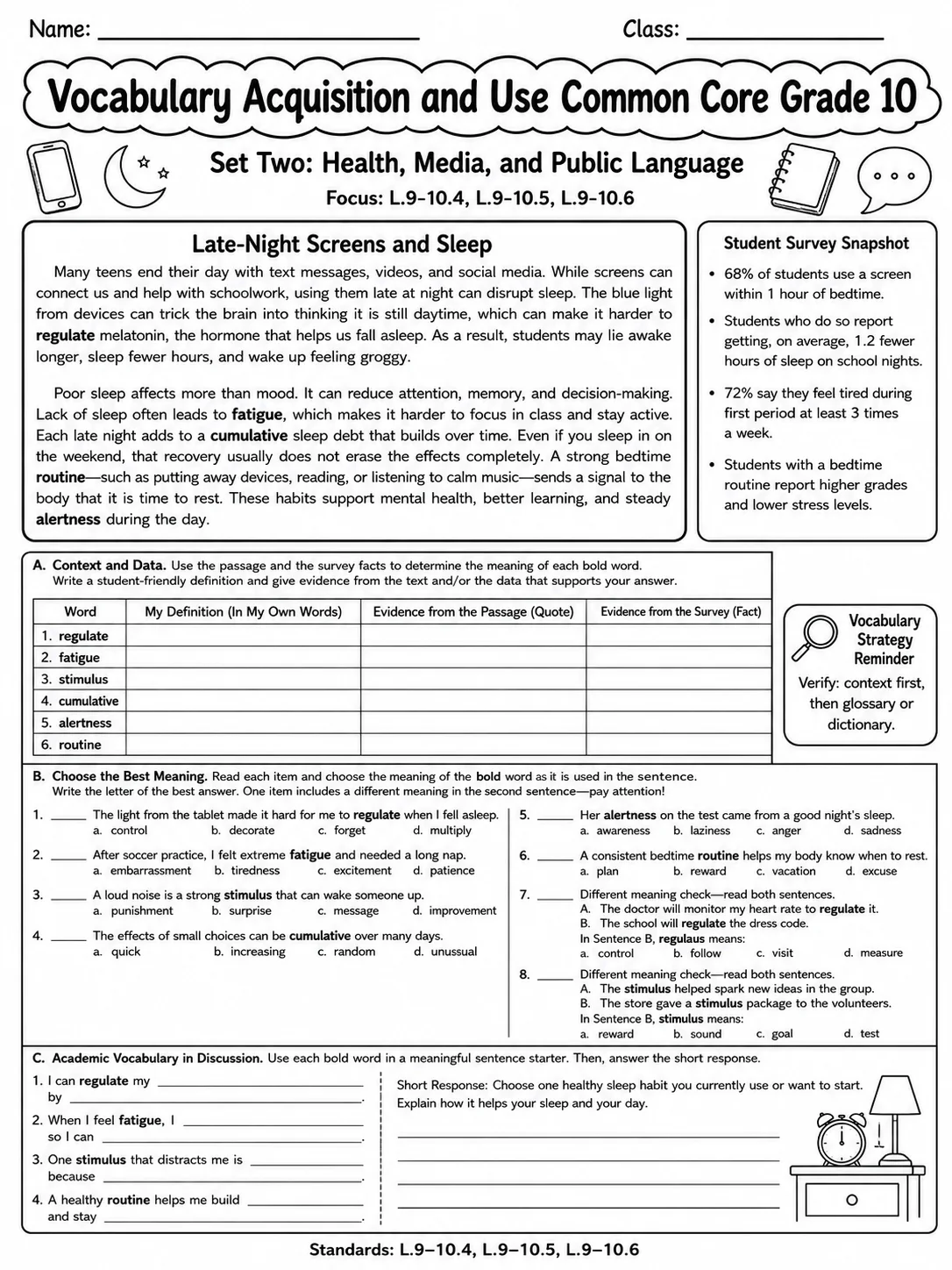 Vocabulary Acquisition and Use Common Core Grade 10 page 6 printable Common Core ELA worksheet preview