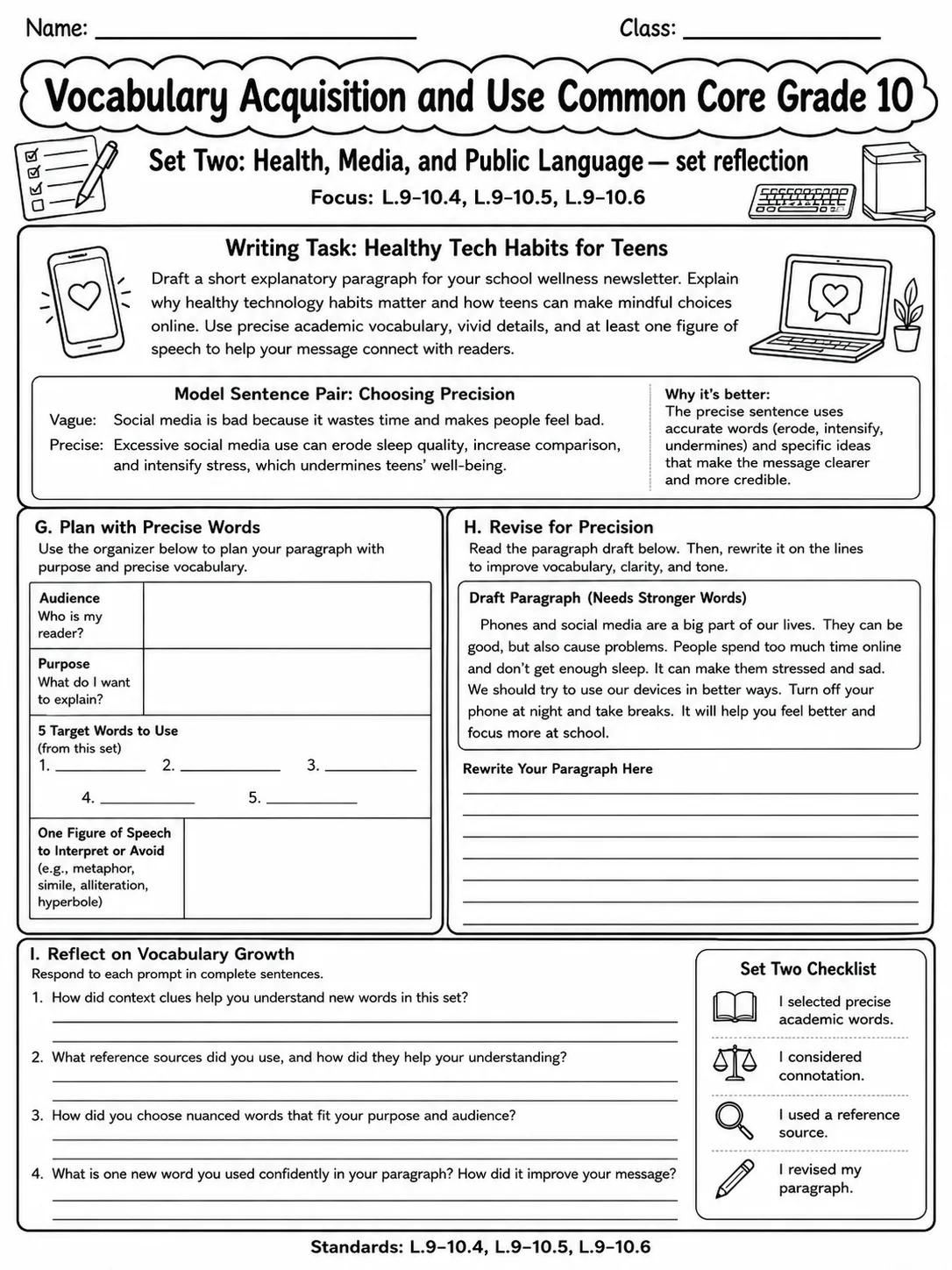 Vocabulary Acquisition and Use Common Core Grade 10 page 7 printable Common Core ELA worksheet preview