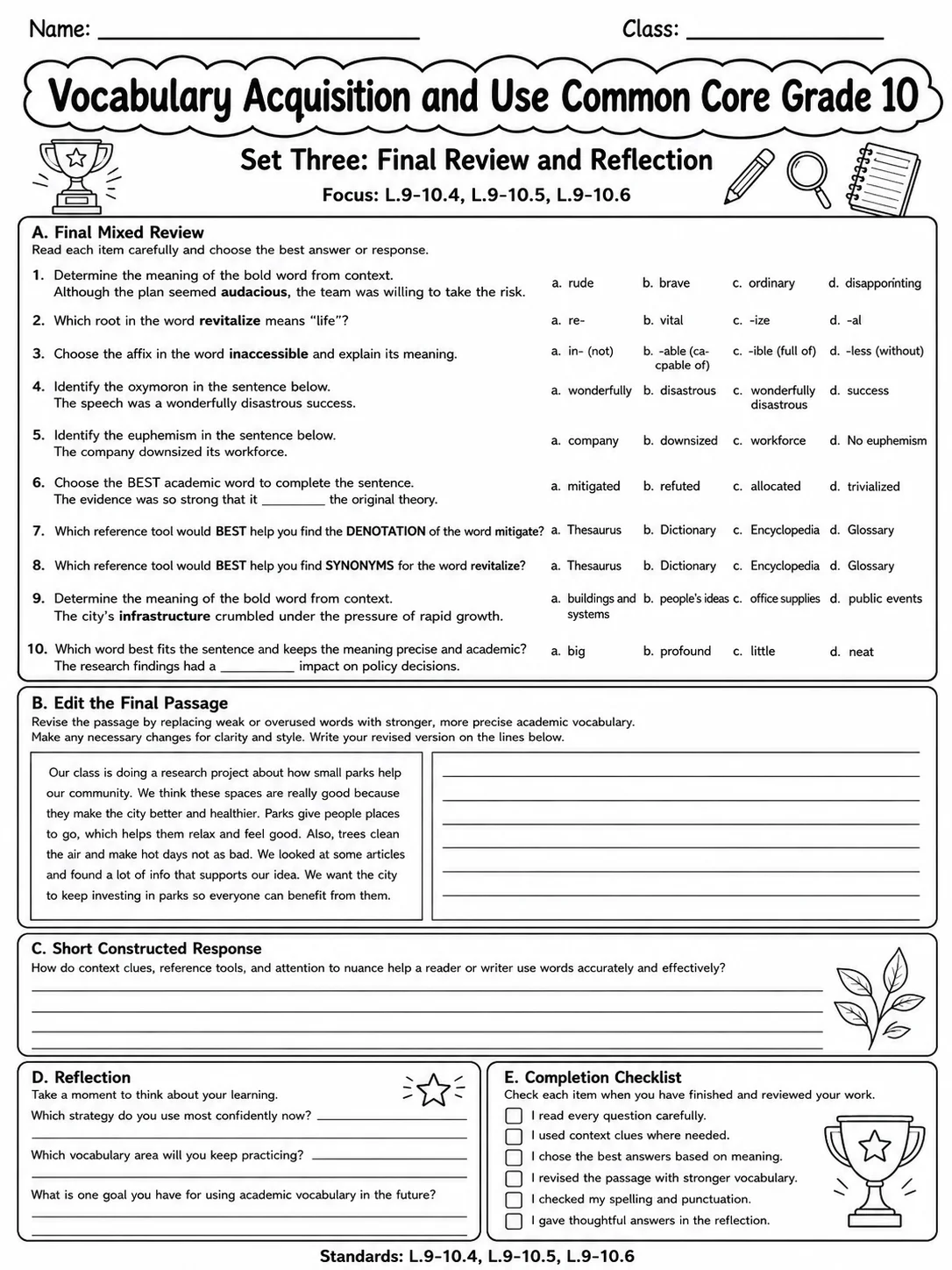 Vocabulary Acquisition and Use Common Core Grade 10 page 8 printable Common Core ELA worksheet preview