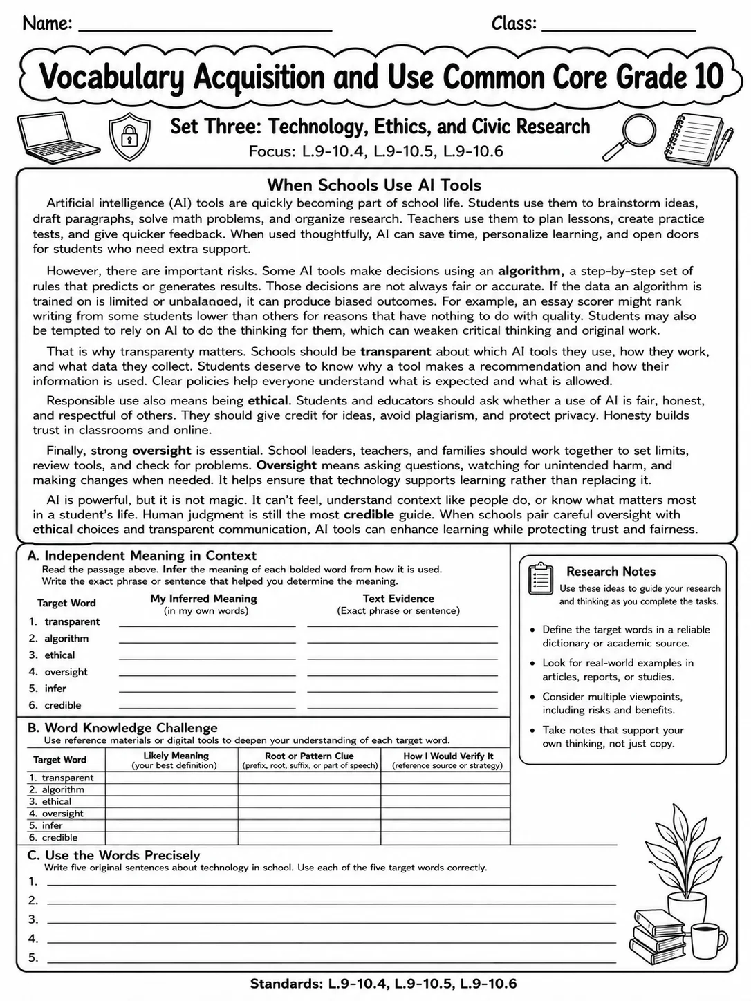 Vocabulary Acquisition and Use Common Core Grade 10 page 9 printable Common Core ELA worksheet preview