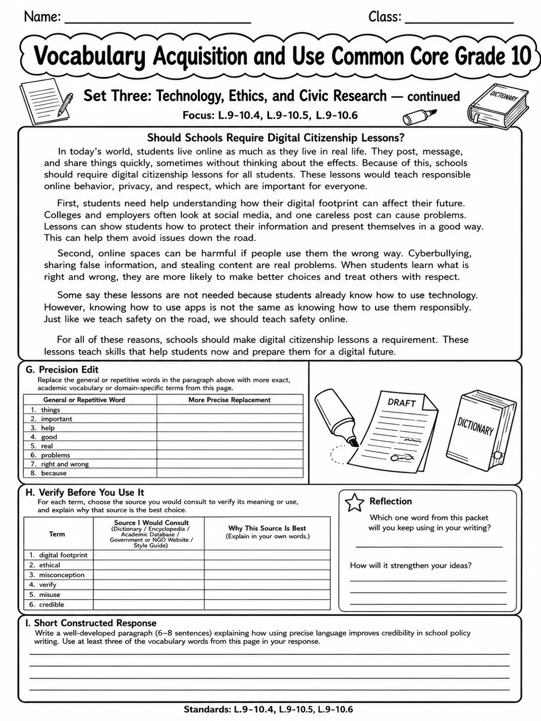 Vocabulary Acquisition and Use Common Core Grade 10 page 10 printable Common Core ELA worksheet preview
