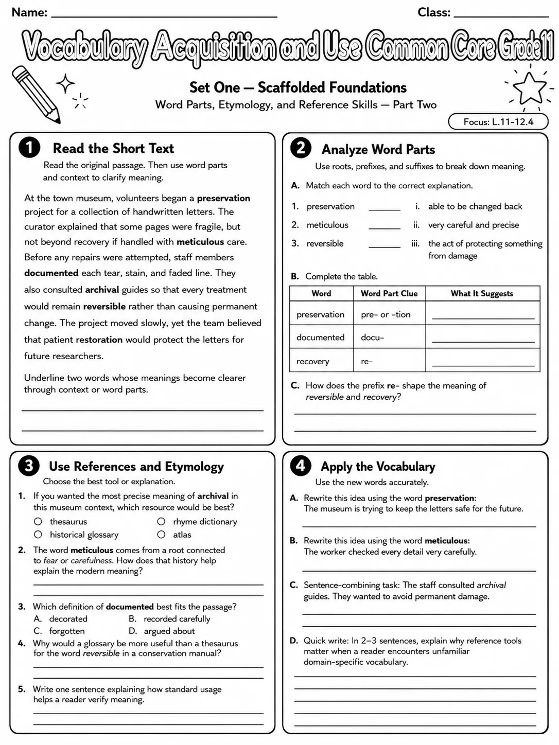 Vocabulary Acquisition and Use Common Core Grade 11 page 2 printable Common Core ELA worksheet preview