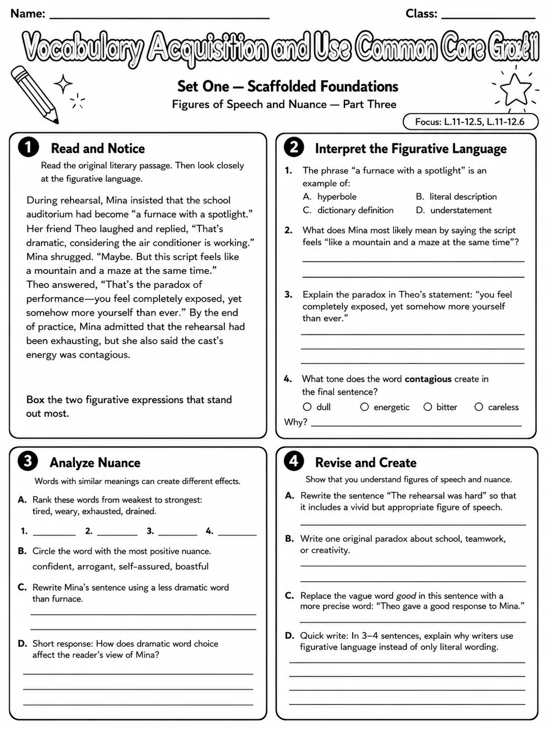 Vocabulary Acquisition and Use Common Core Grade 11 page 3 printable Common Core ELA worksheet preview