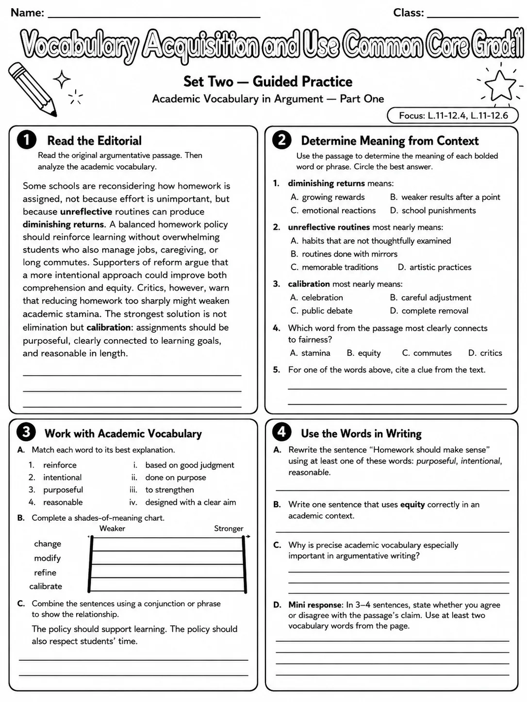 Vocabulary Acquisition and Use Common Core Grade 11 page 4 printable Common Core ELA worksheet preview