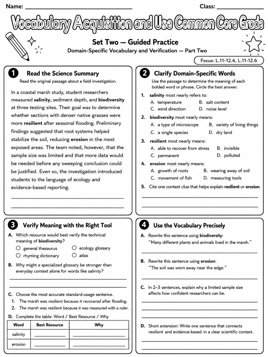 Vocabulary Acquisition and Use Common Core Grade 11 page 5 printable Common Core ELA worksheet preview