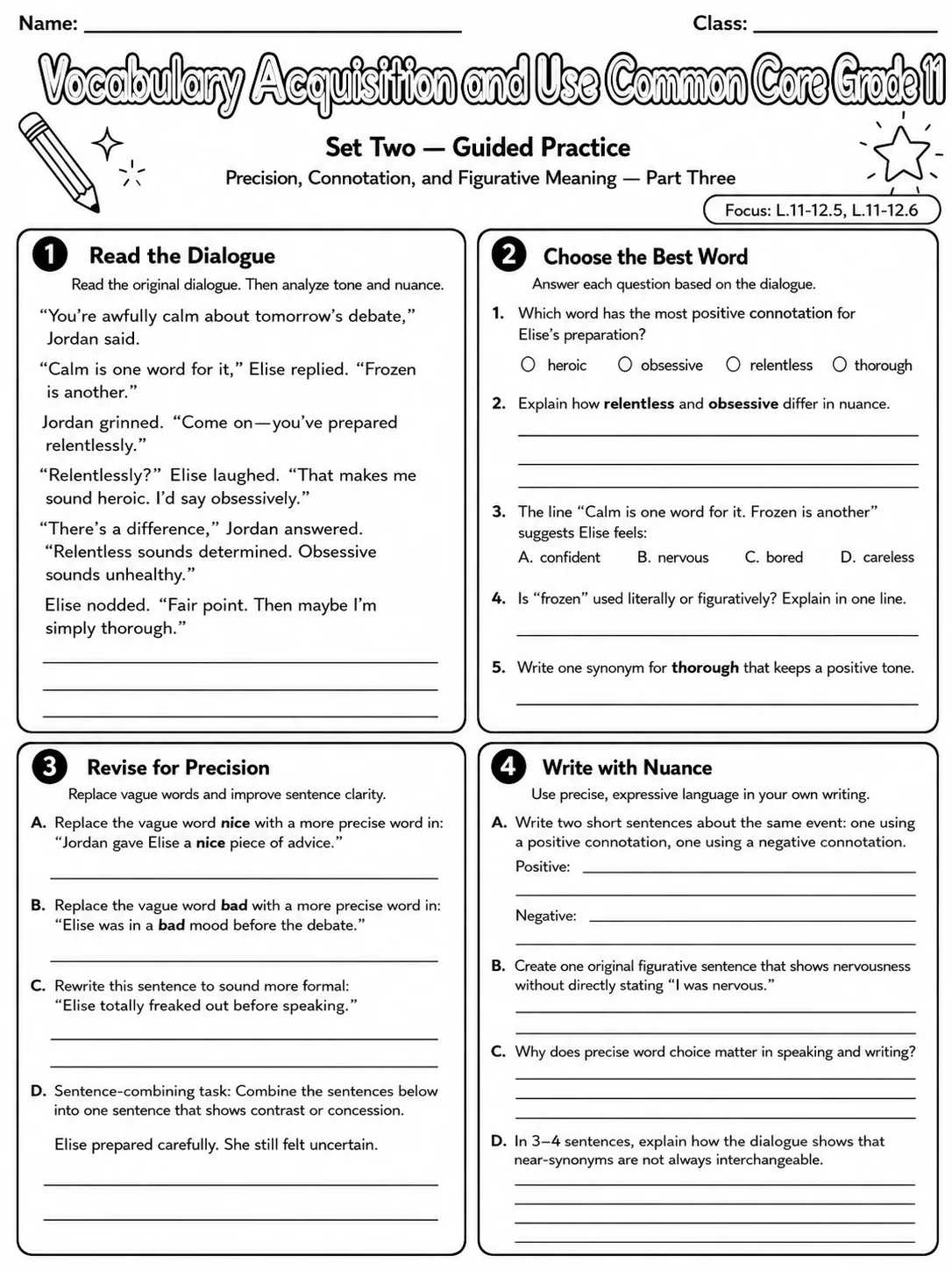 Vocabulary Acquisition and Use Common Core Grade 11 page 6 printable Common Core ELA worksheet preview
